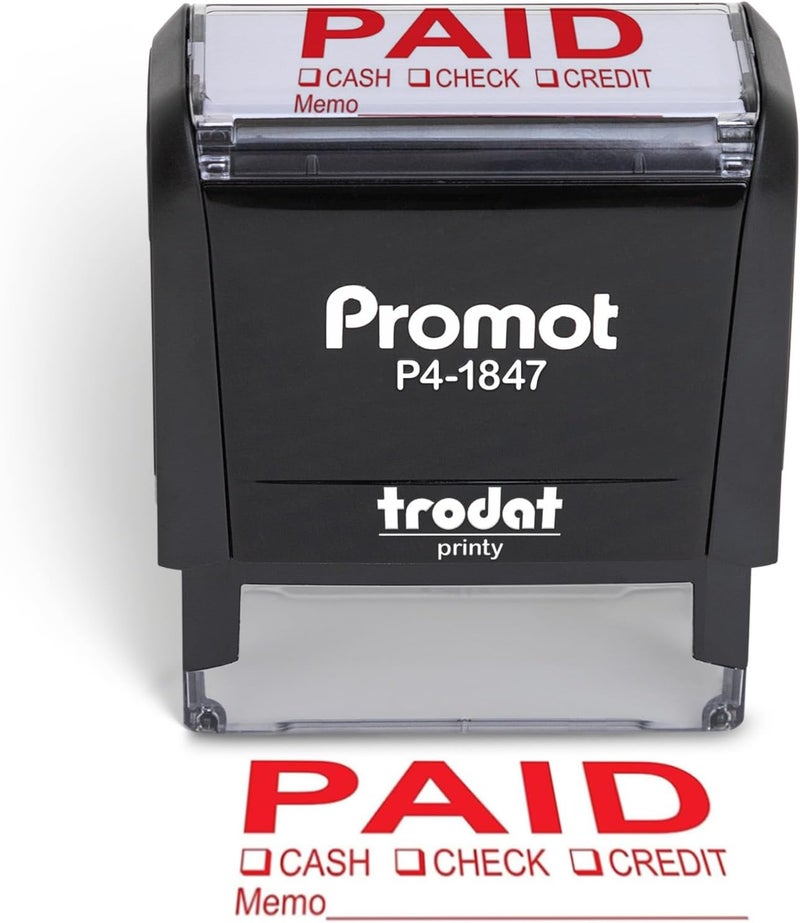 Promot Paid Stamp Self Inking Stamp - Paid Stamp for Office, Accounts Payable Stamp w/Type and Memo - Rubber Stamps for Retail Use, Red Ink Stamp, Self Inking Stamp for Business Supplies - Image 1